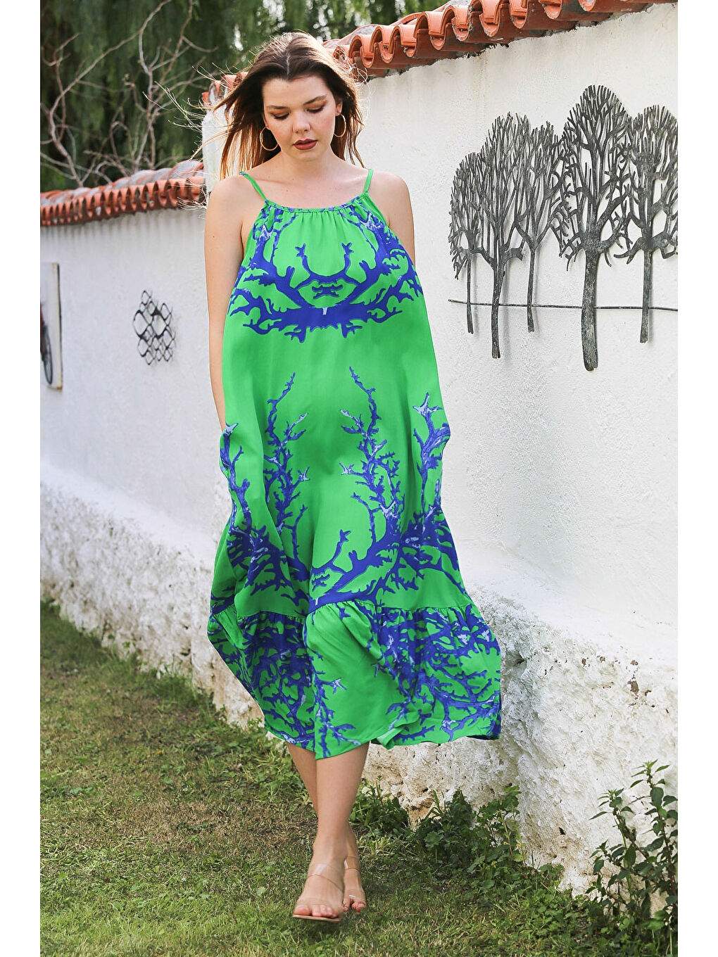 Yeşil Gizli Cepli Eteği Fırfırlı Ayarlanabilir Askılı Casual Viskon Dokuma Elbise 128 66-1