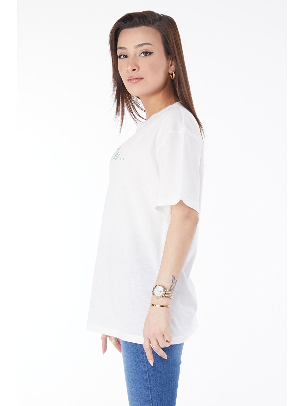 TOFİSA Ekru Düz Bisiklet Yaka Kadın Ekru Kısa Kollu Baskılı T-shirt - 24650 - 3