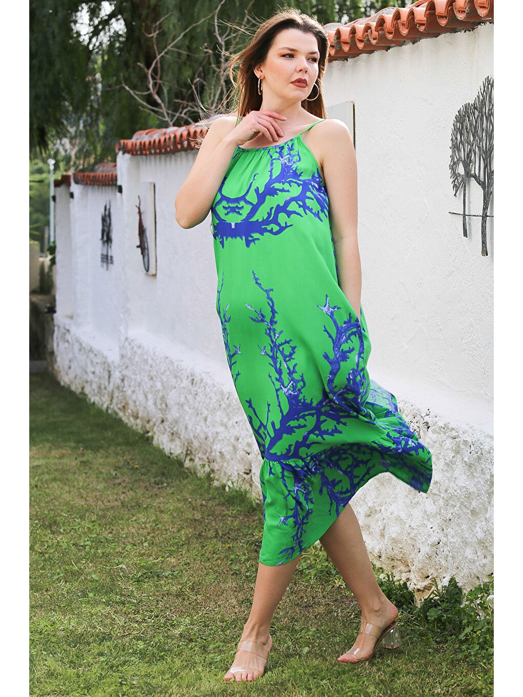 Yeşil Gizli Cepli Eteği Fırfırlı Ayarlanabilir Askılı Casual Viskon Dokuma Elbise 128 66-3