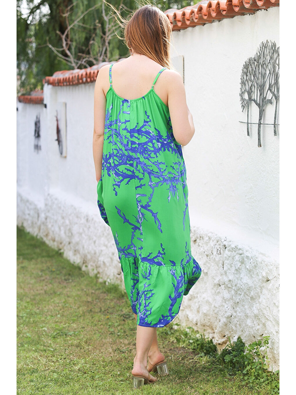 Yeşil Gizli Cepli Eteği Fırfırlı Ayarlanabilir Askılı Casual Viskon Dokuma Elbise 128 66-5