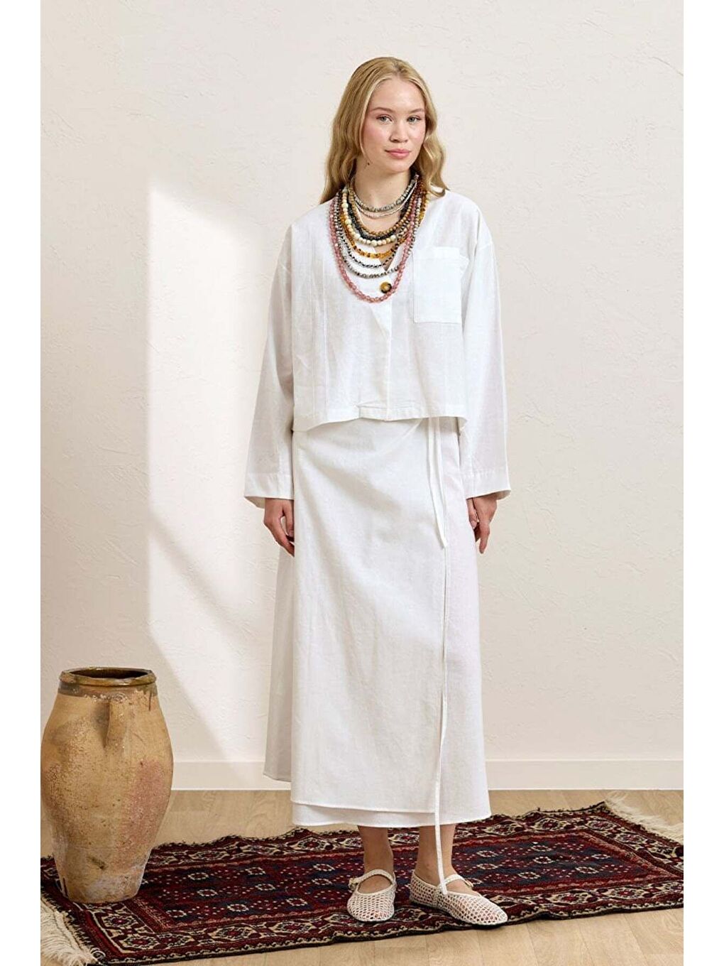 Beyaz Organik Keten Tek Cepli Ceket   Anvelop Etek Takım