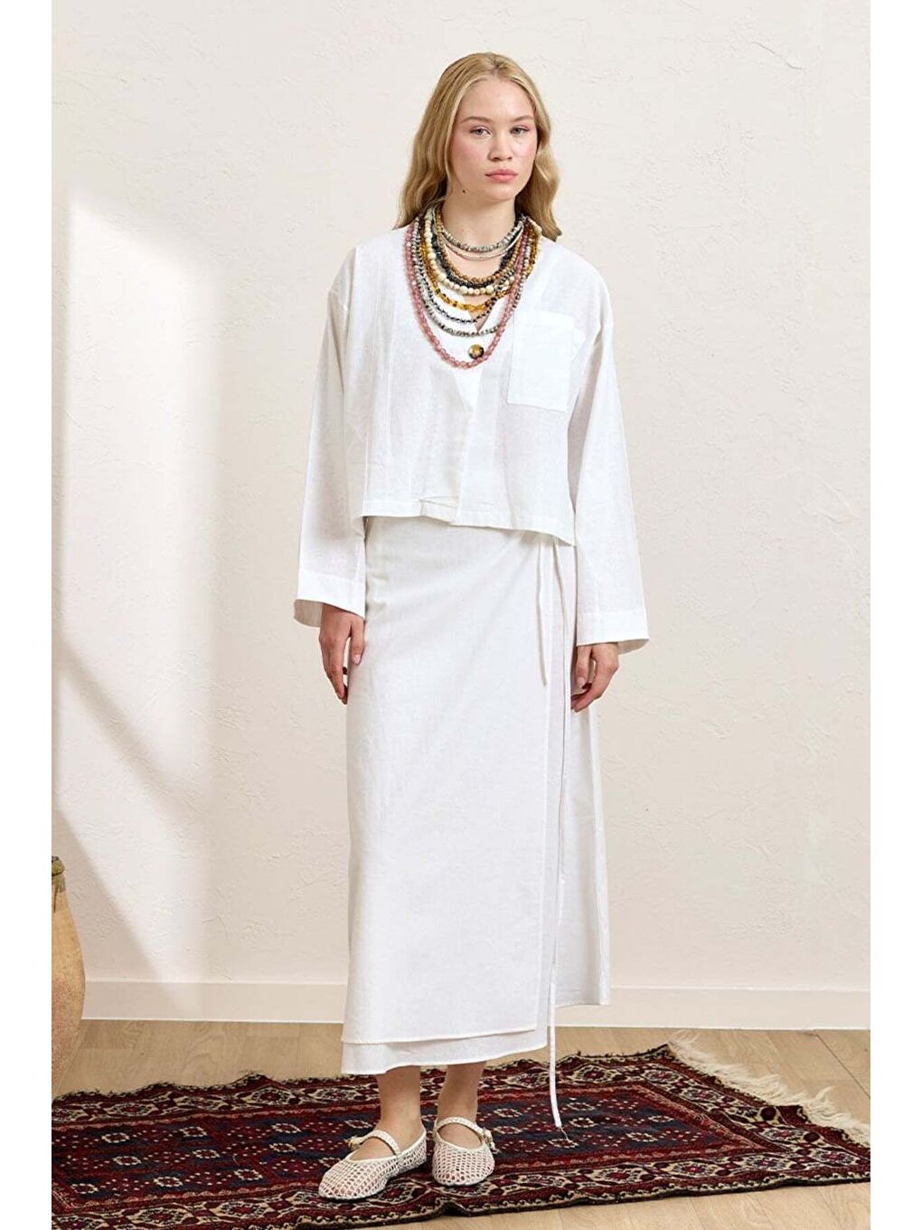 Beyaz Organik Keten Tek Cepli Ceket   Anvelop Etek Takım-1