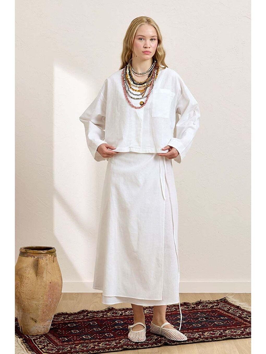Beyaz Organik Keten Tek Cepli Ceket   Anvelop Etek Takım-2