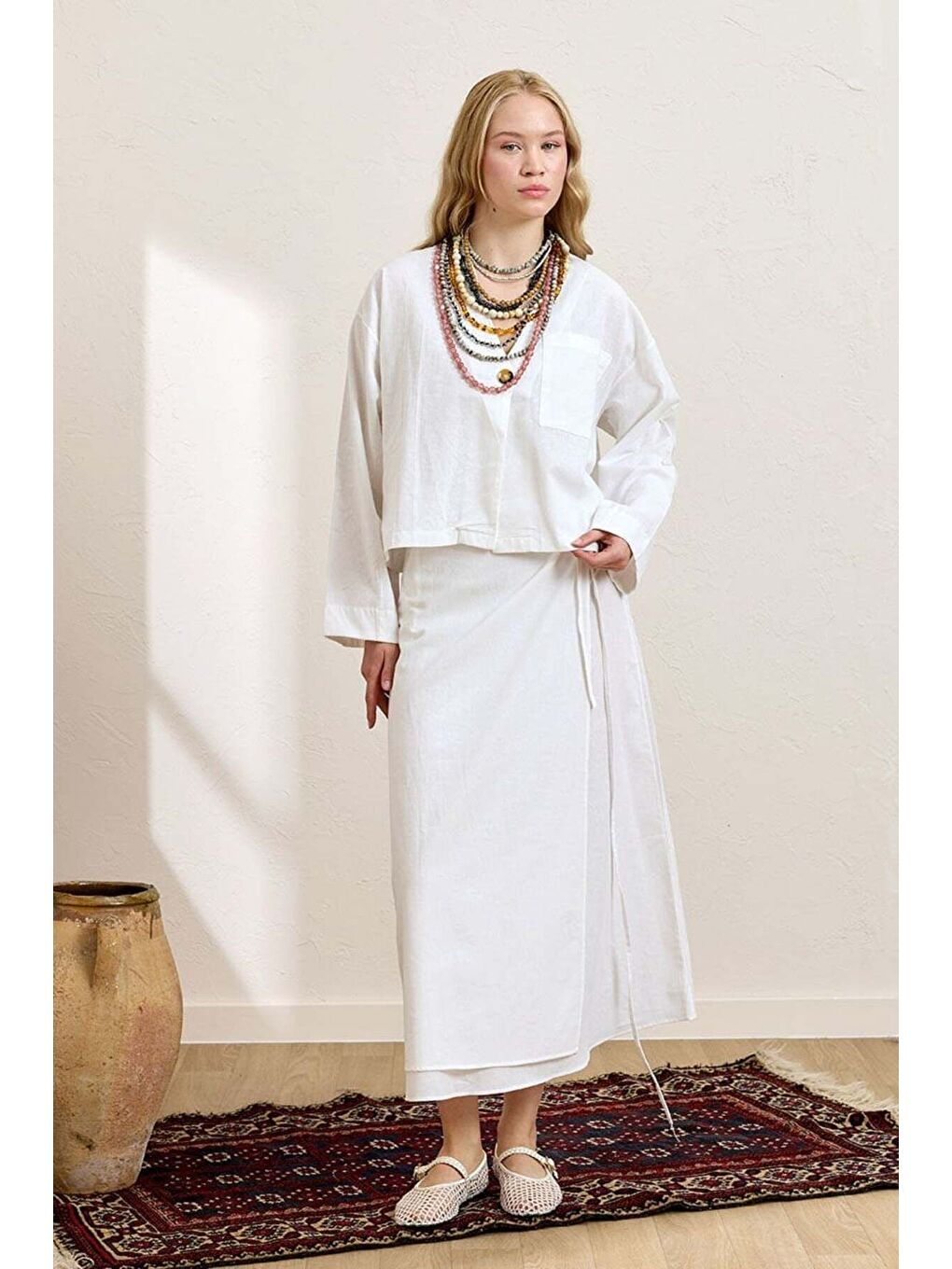 Beyaz Organik Keten Tek Cepli Ceket   Anvelop Etek Takım-3