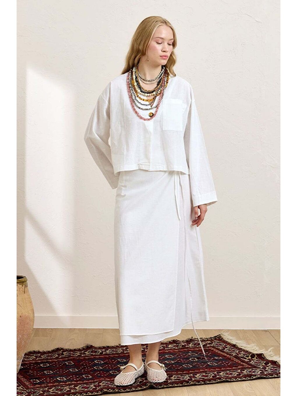 Beyaz Organik Keten Tek Cepli Ceket   Anvelop Etek Takım-4
