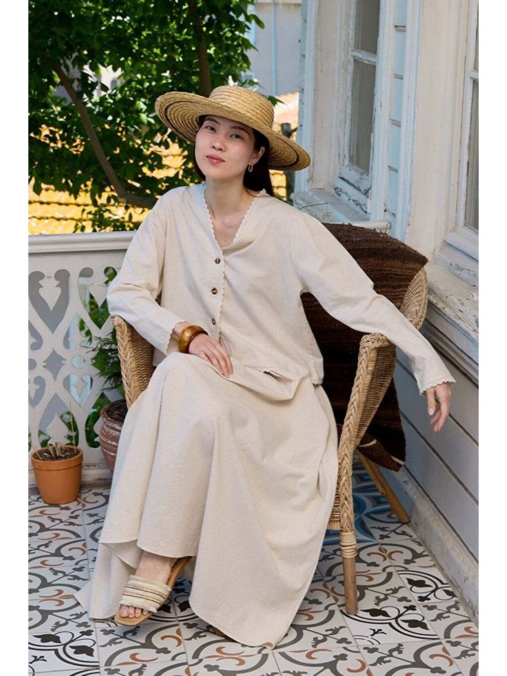 Ekru Organik Keten Dantel Detay Ceket   Balon Etek Takım-1