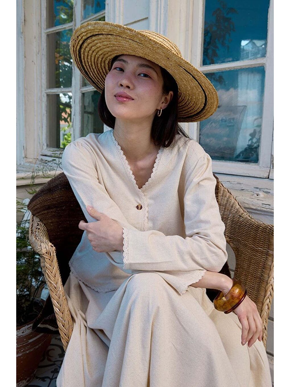 Ekru Organik Keten Dantel Detay Ceket   Balon Etek Takım-2