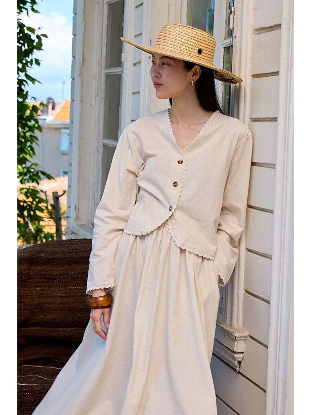 Ekru Organik Keten Dantel Detay Ceket   Balon Etek Takım-3