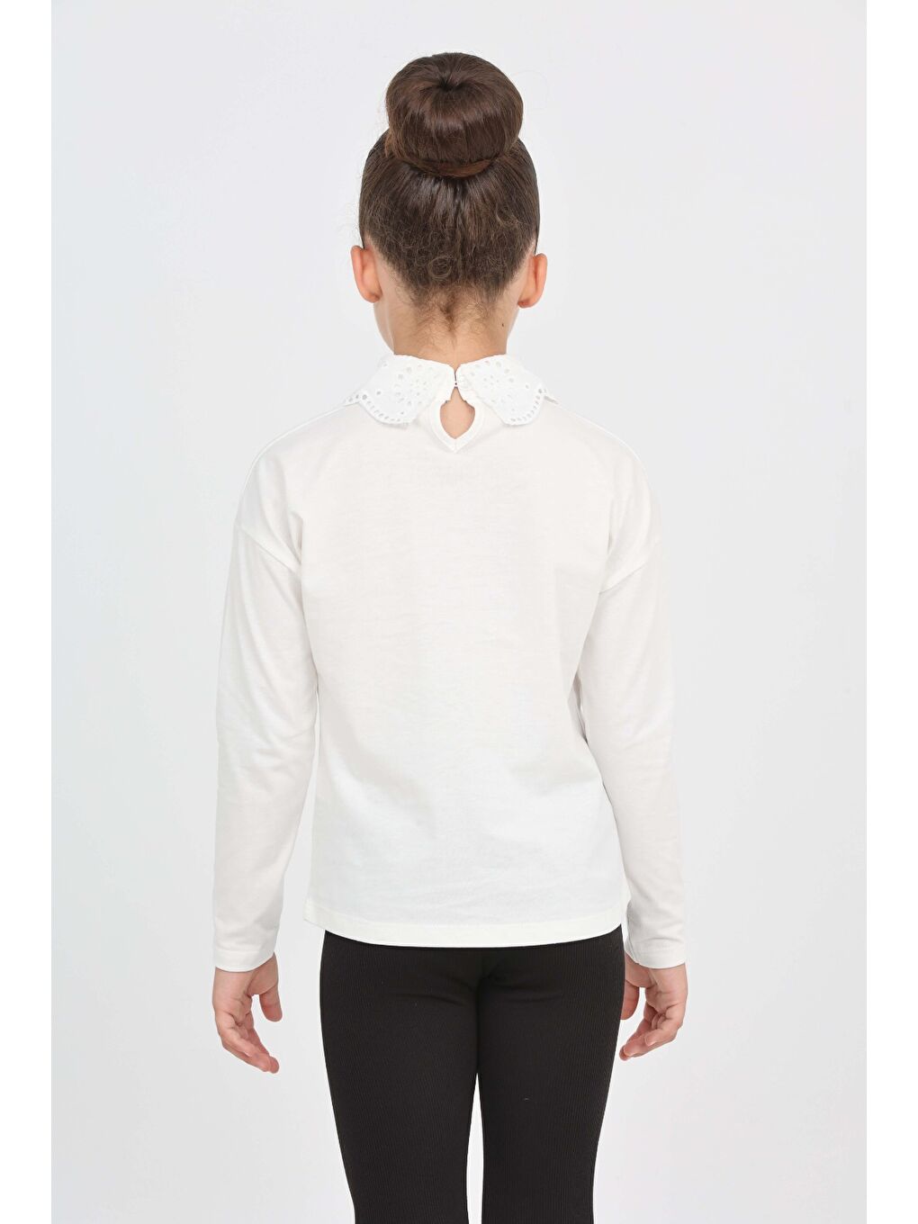 Ekru Kız Çocuk Okul Dantel Yaka Tişört-4