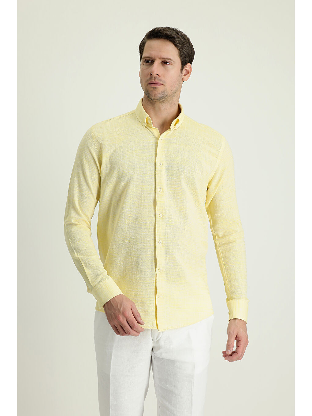 Sarı Uzun Kol Slim Fit Dar Kesim Keten Görünümlü Pamuk Spor Düğmeli Yaka Gömlek-2