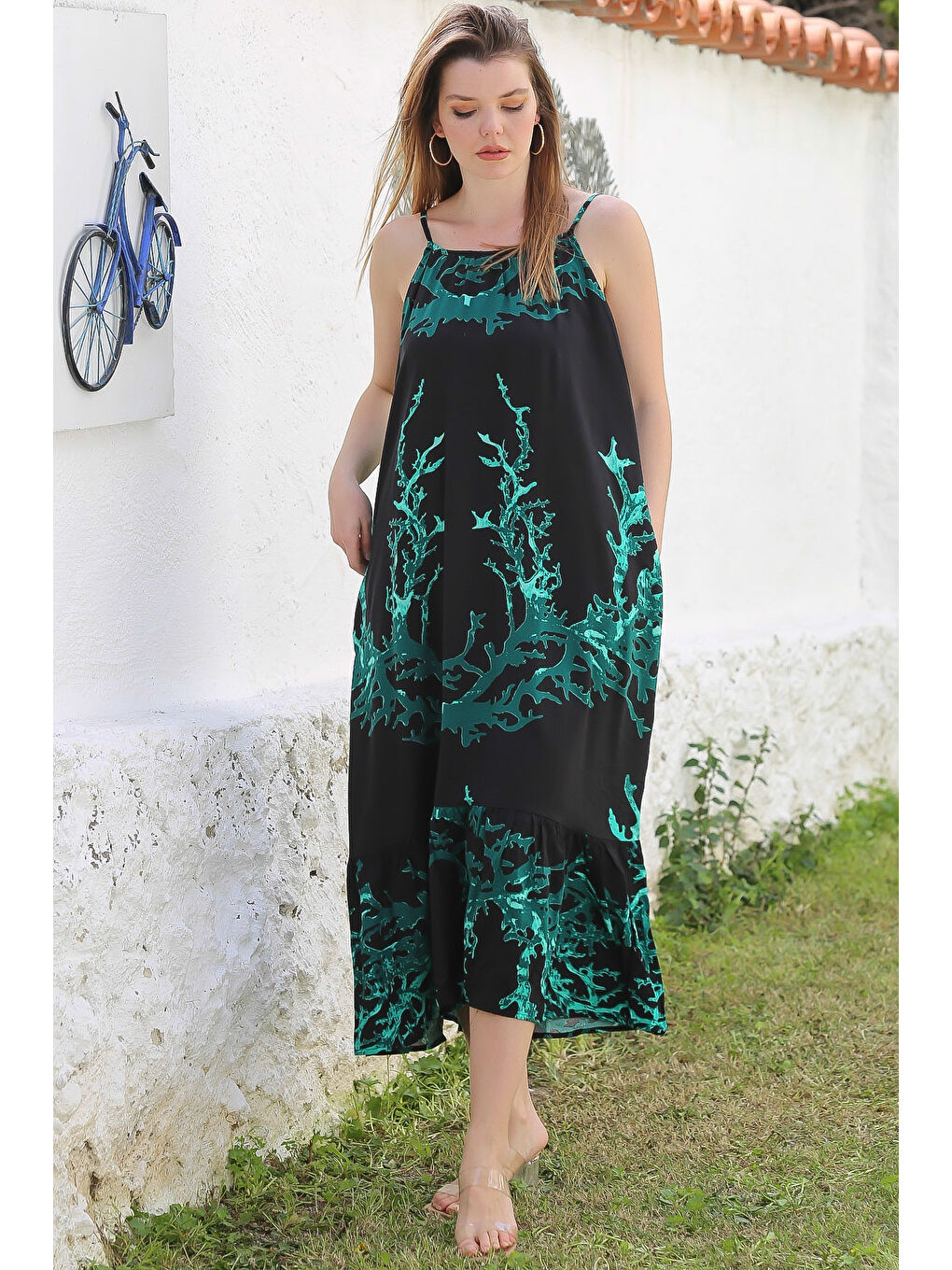 Siyah Gizli Cepli Eteği Fırfırlı Ayarlanabilir Askılı Casual Viskon Dokuma Elbise 128 66-2