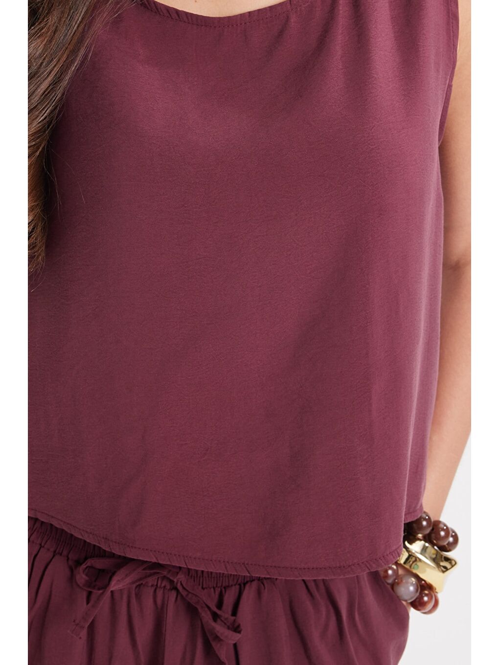 Kadın Standart Fit Normal Kesim Elastanlı Bisiklet Yaka Bluz Geniş Paça Bordo Pantolon Takım-3
