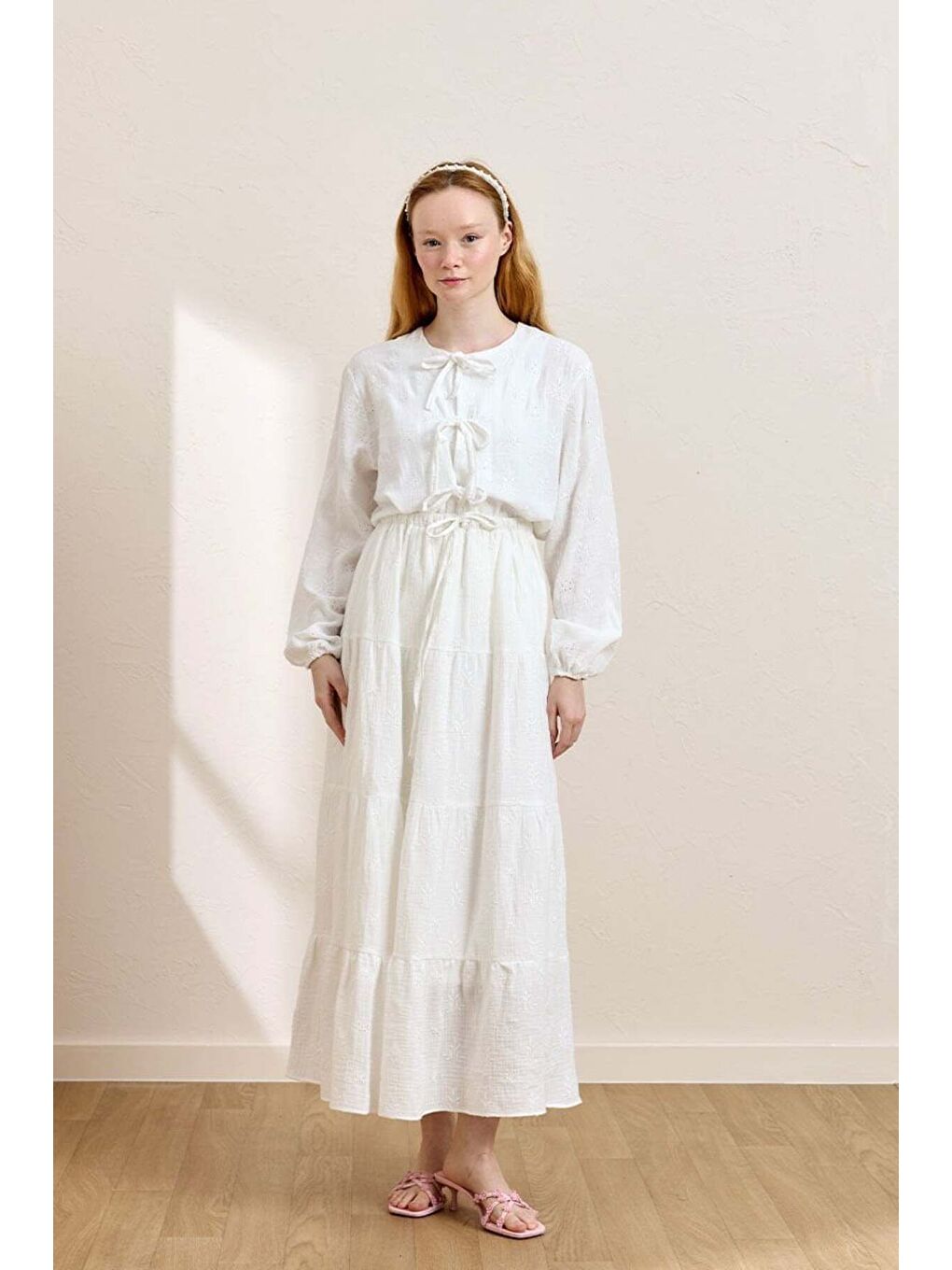 Beyaz Fistolu Müslin Kat Etek   3 Fiyonklu Bluz Takım-1