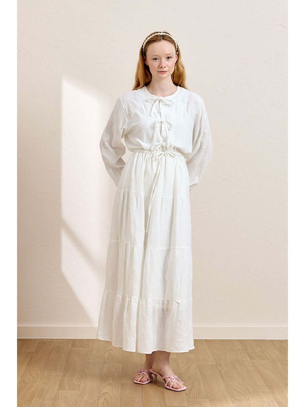 Beyaz Fistolu Müslin Kat Etek   3 Fiyonklu Bluz Takım-2