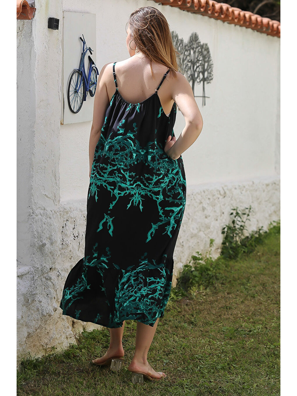 Siyah Gizli Cepli Eteği Fırfırlı Ayarlanabilir Askılı Casual Viskon Dokuma Elbise 128 66-7