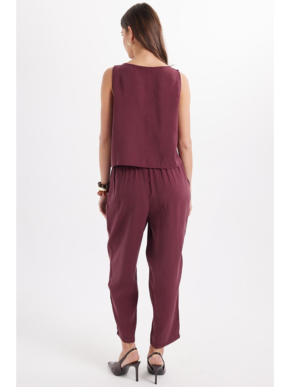 Kadın Standart Fit Normal Kesim Elastanlı Bisiklet Yaka Bluz Geniş Paça Bordo Pantolon Takım-6