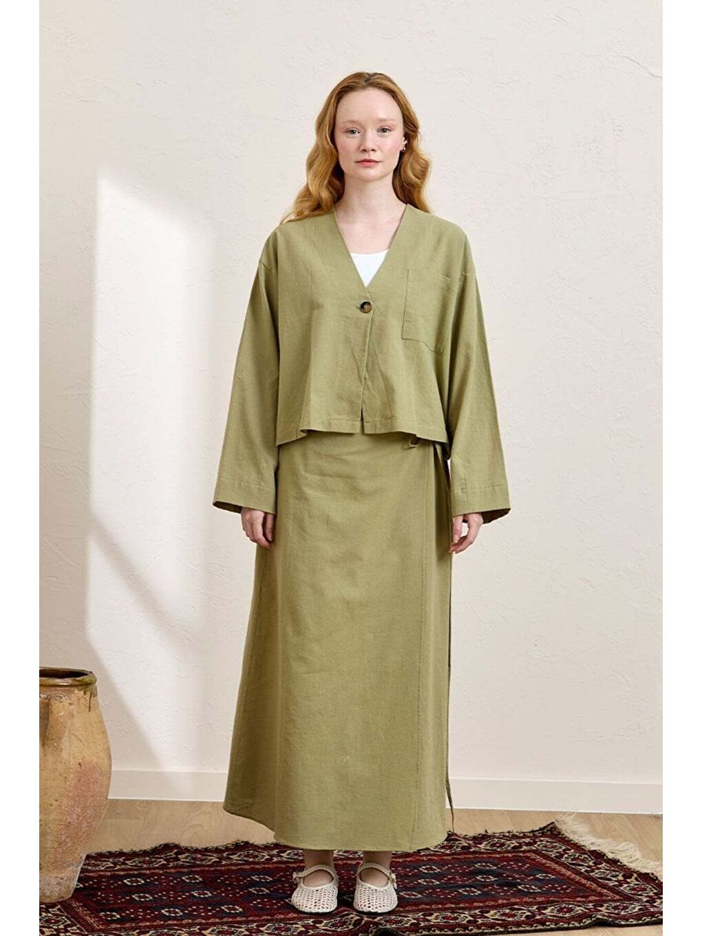 Haki Organik Keten Tek Cepli Ceket   Anvelop Etek Takım
