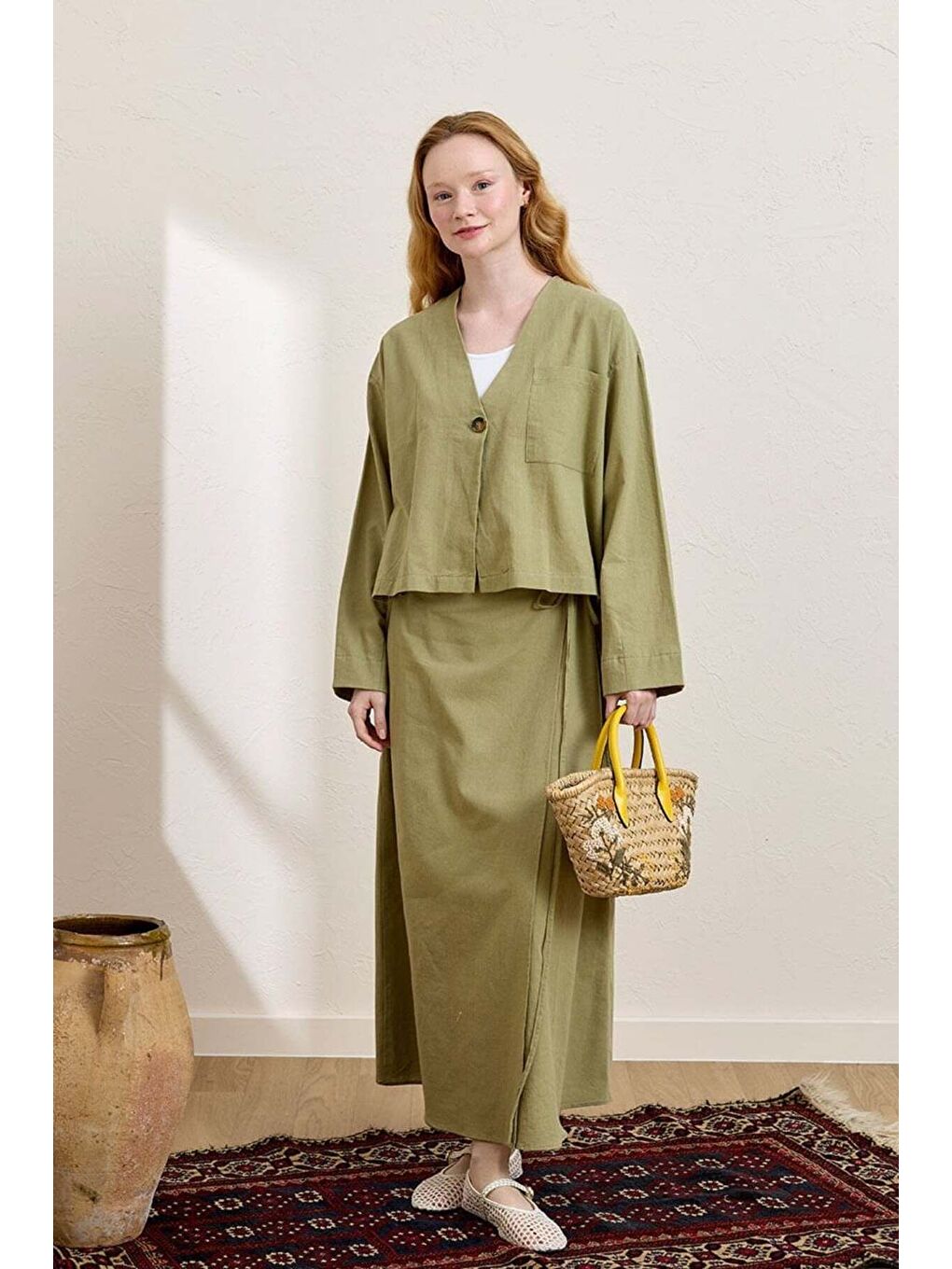 Haki Organik Keten Tek Cepli Ceket   Anvelop Etek Takım-1
