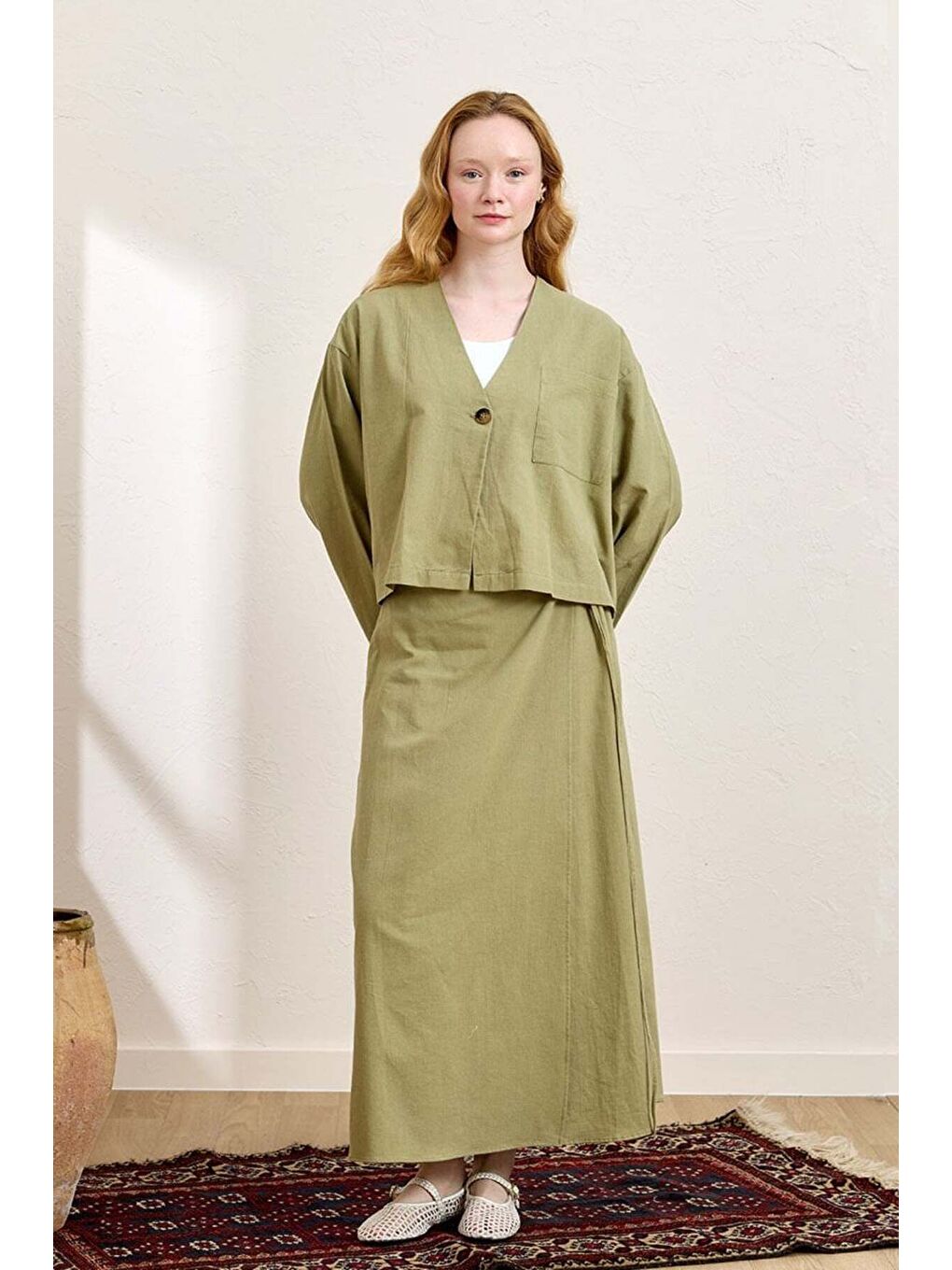 Haki Organik Keten Tek Cepli Ceket   Anvelop Etek Takım-2