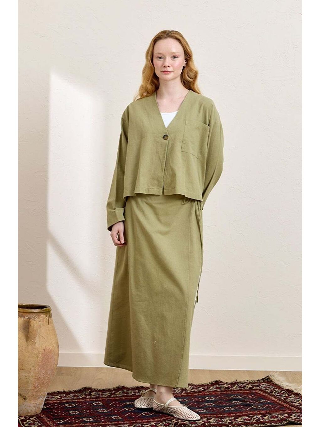 Haki Organik Keten Tek Cepli Ceket   Anvelop Etek Takım-3