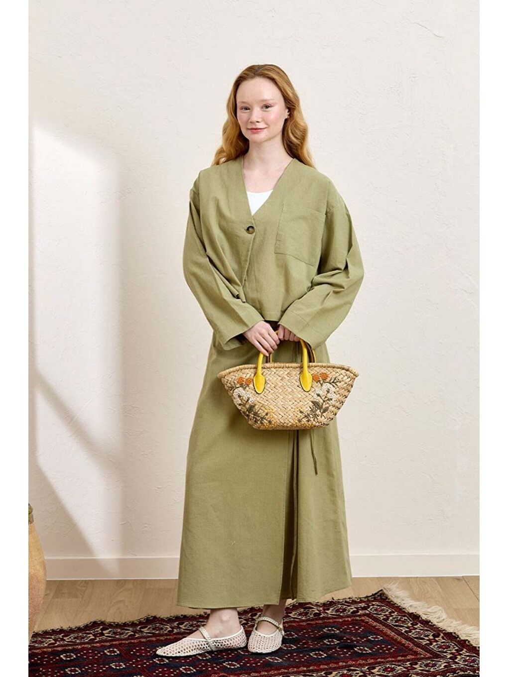 Haki Organik Keten Tek Cepli Ceket   Anvelop Etek Takım-4