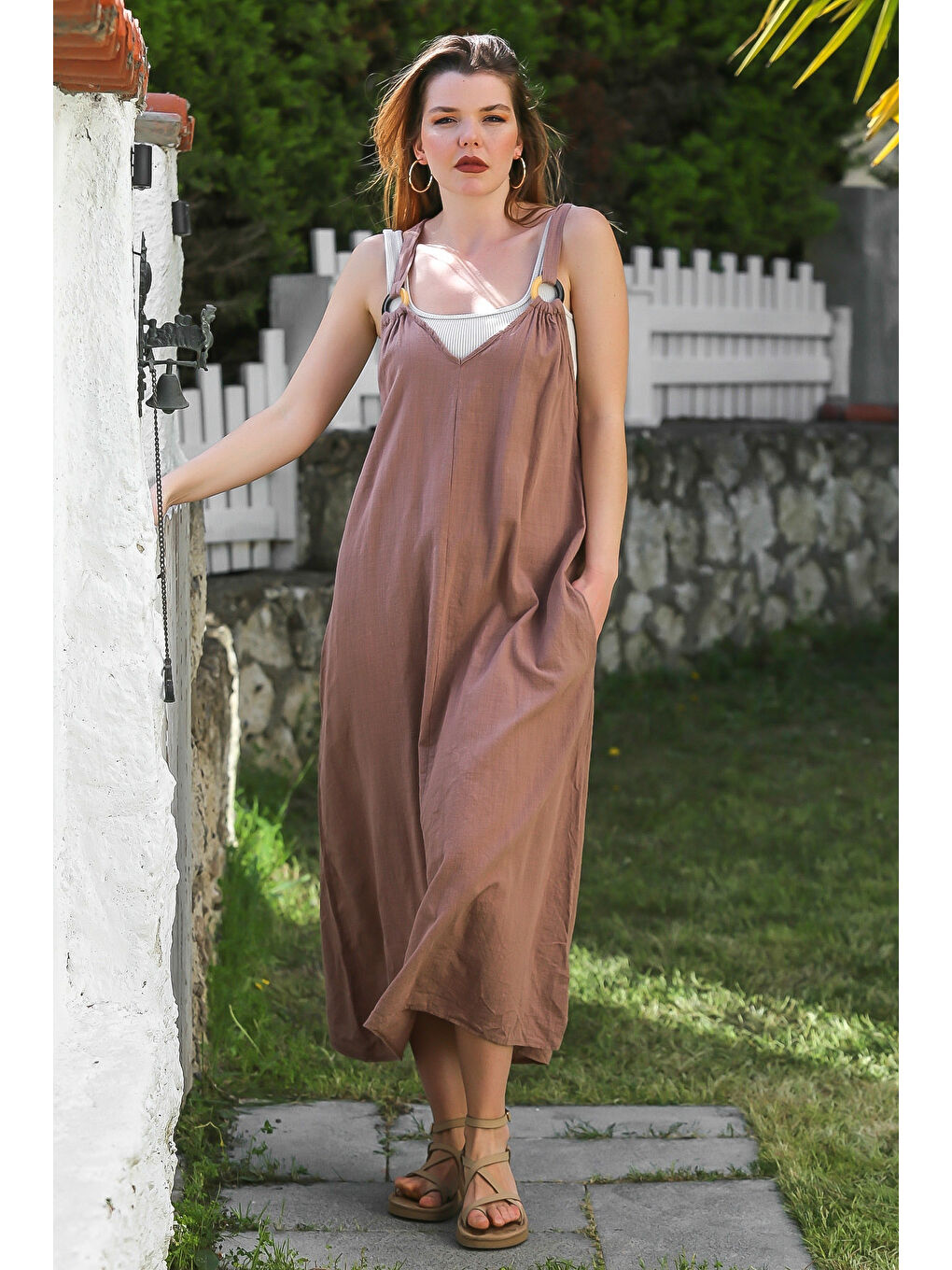 Kahverengi Askılı Gizli Cepli Tokalı Casual Keten Karışımlı Dokuma Elbise 135 58-1