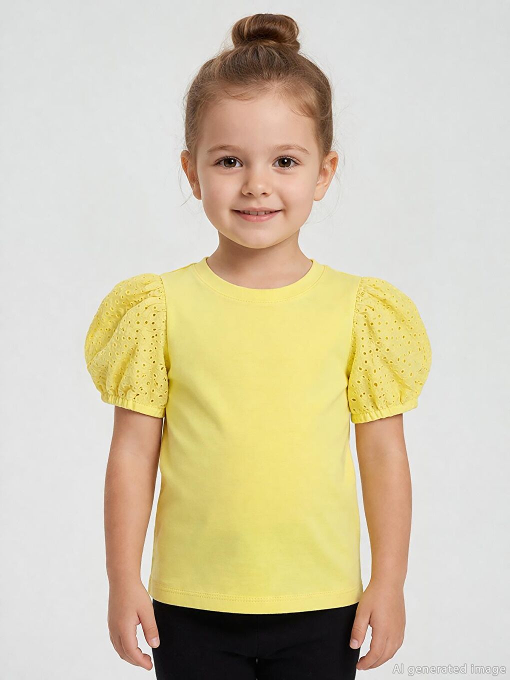 Girls Kız Çocuk Dantel Balon Kol 2-5 Yaş Tişört - Sarı