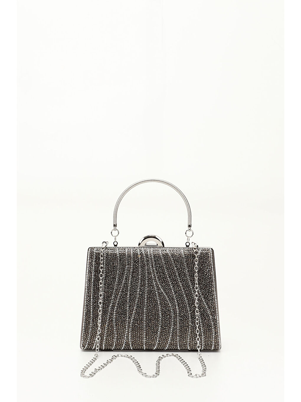 Gri Kadın GÜMÜŞ Taşlı Uzun Zincirli El Ve Omuz Askılı Abiye Çanta