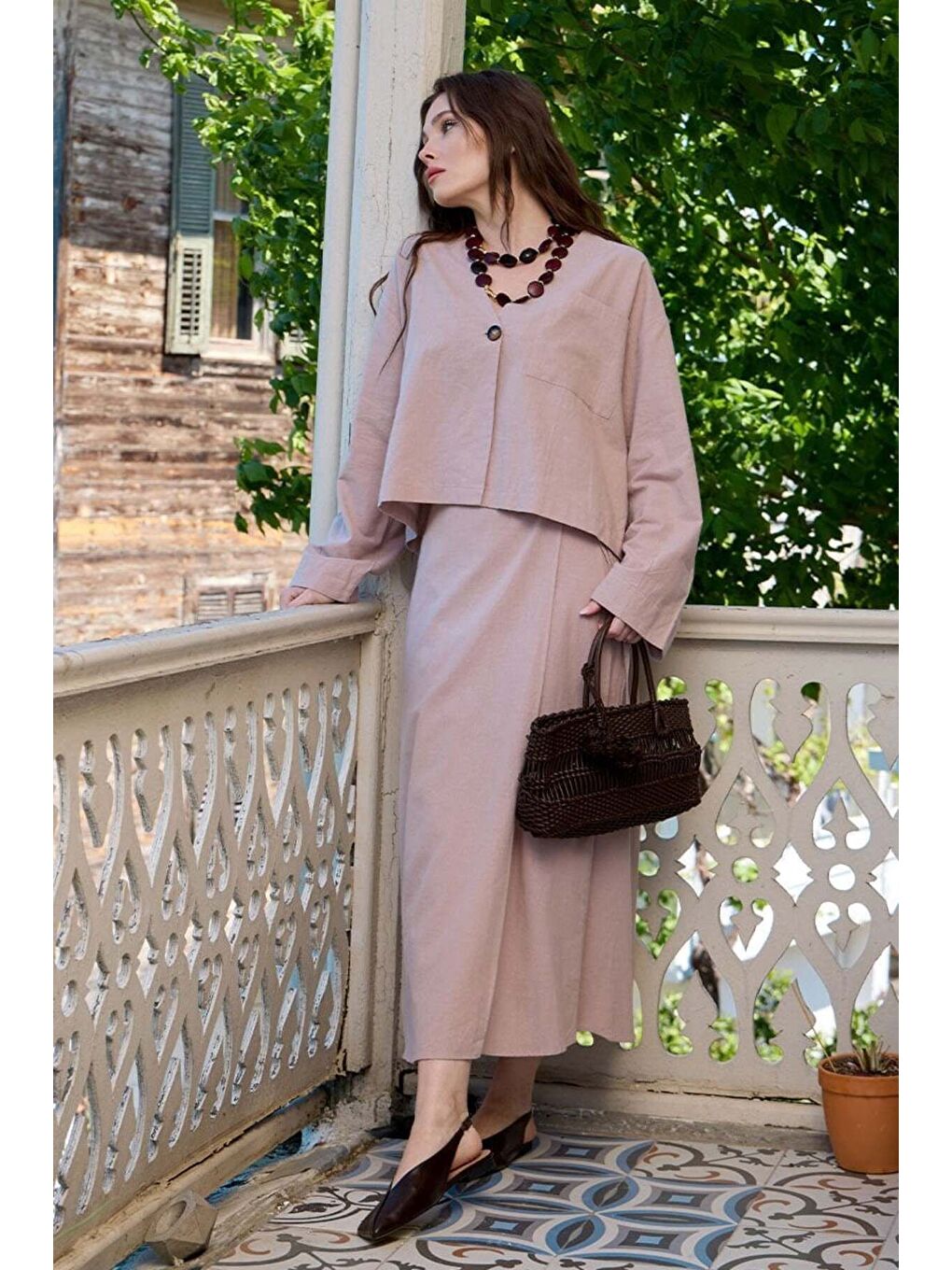 Pembe Gül Kurusu Organik Keten Tek Cepli Ceket   Anvelop Etek Takım-1