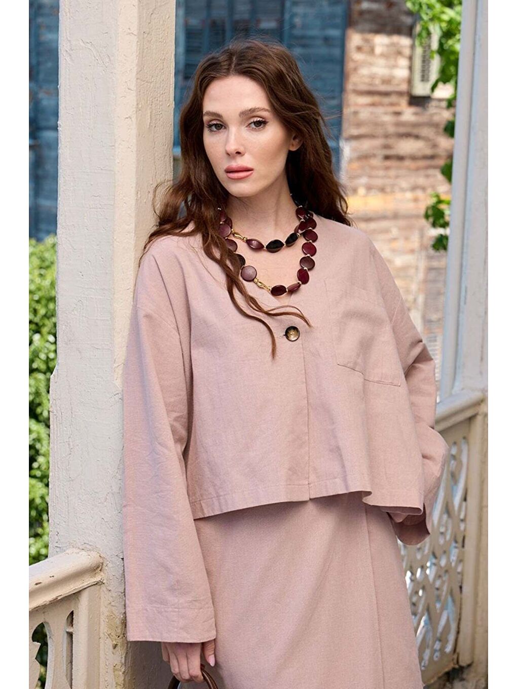 Pembe Gül Kurusu Organik Keten Tek Cepli Ceket   Anvelop Etek Takım-2