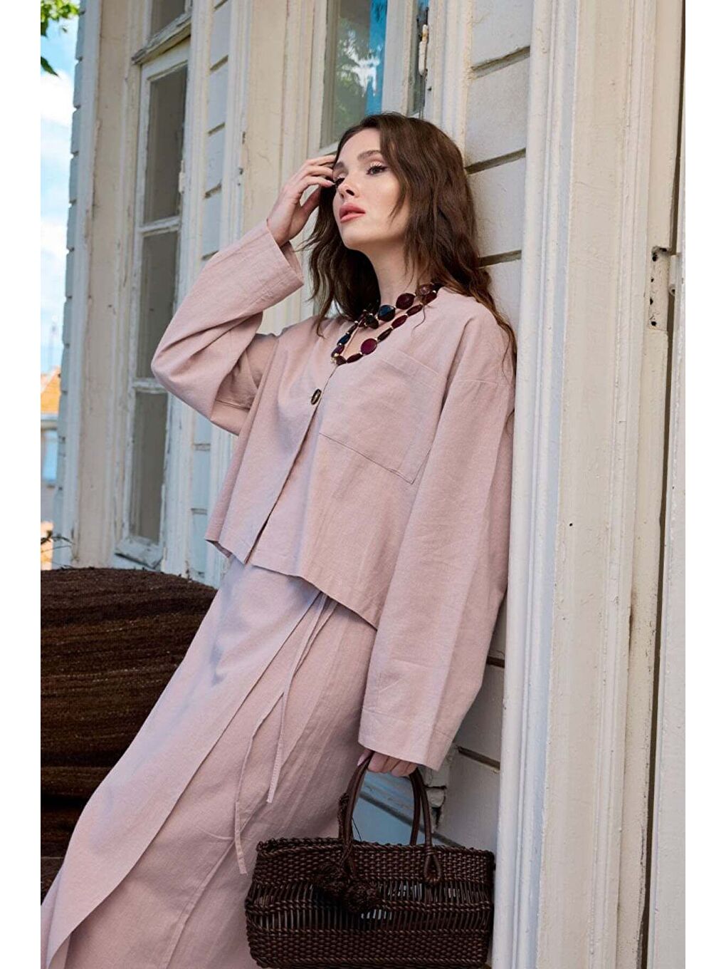 Pembe Gül Kurusu Organik Keten Tek Cepli Ceket   Anvelop Etek Takım-3