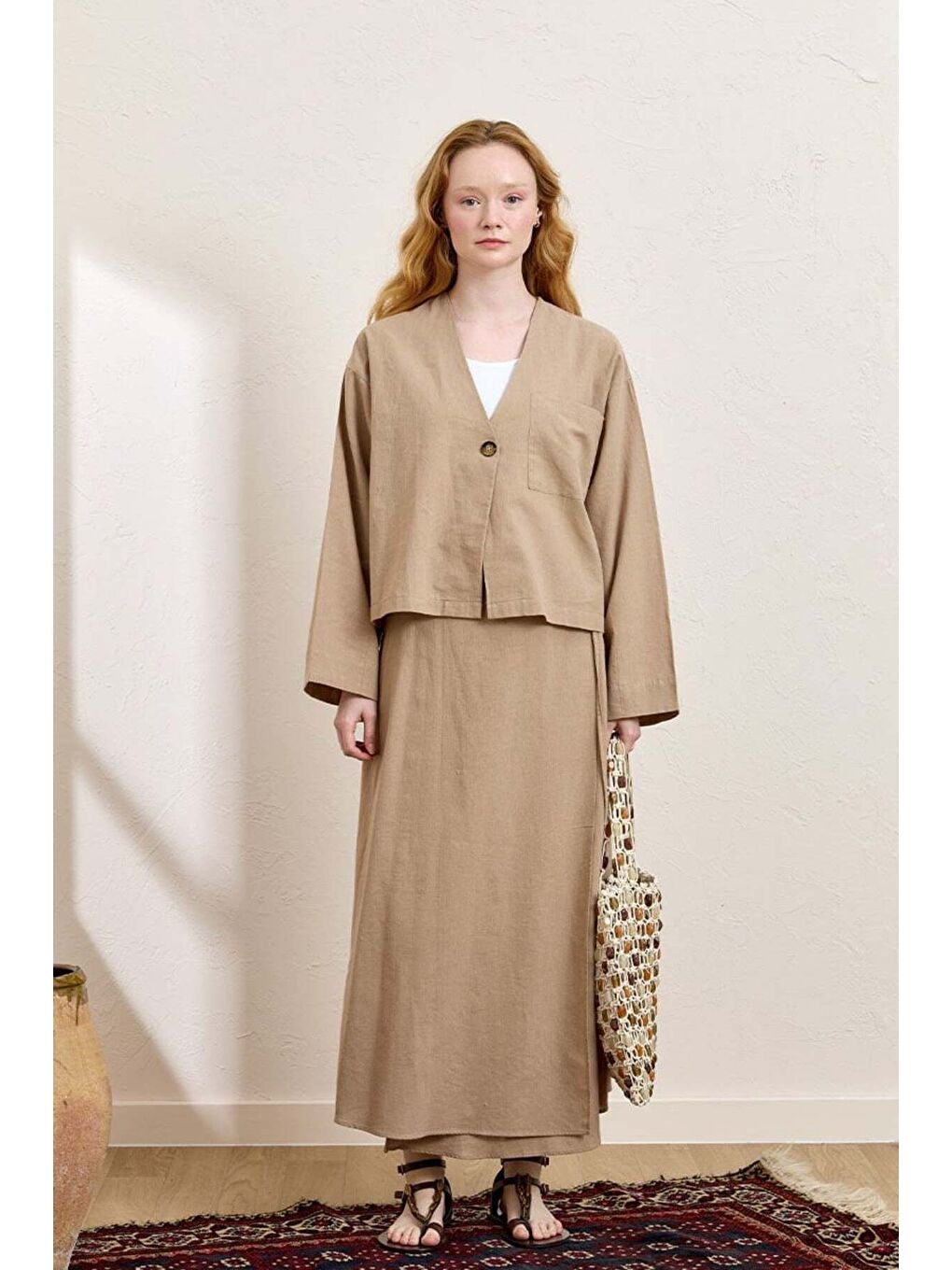 Bej Karamel Organik Keten Tek Cepli Ceket   Anvelop Etek Takım