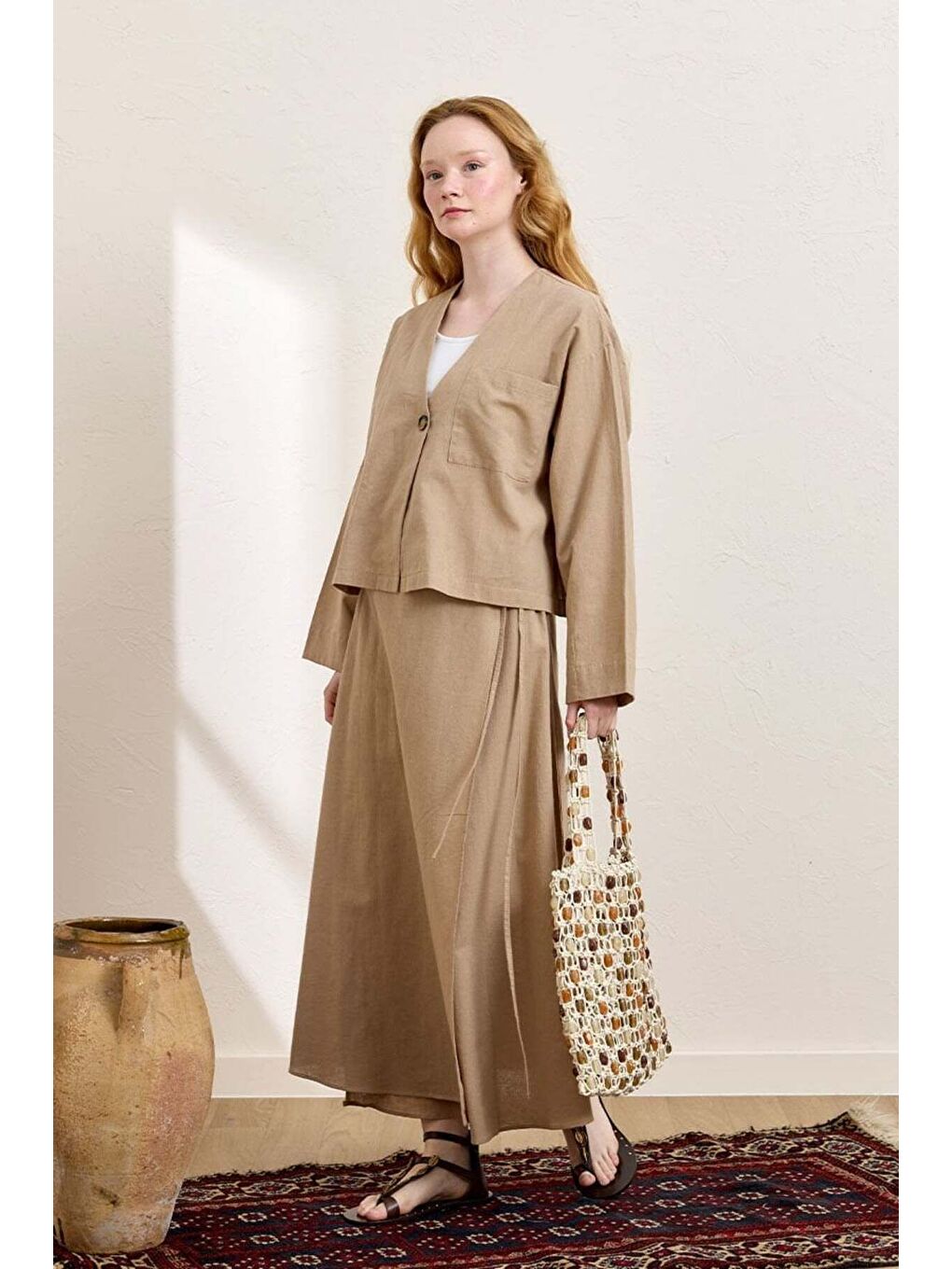 Bej Karamel Organik Keten Tek Cepli Ceket   Anvelop Etek Takım-1