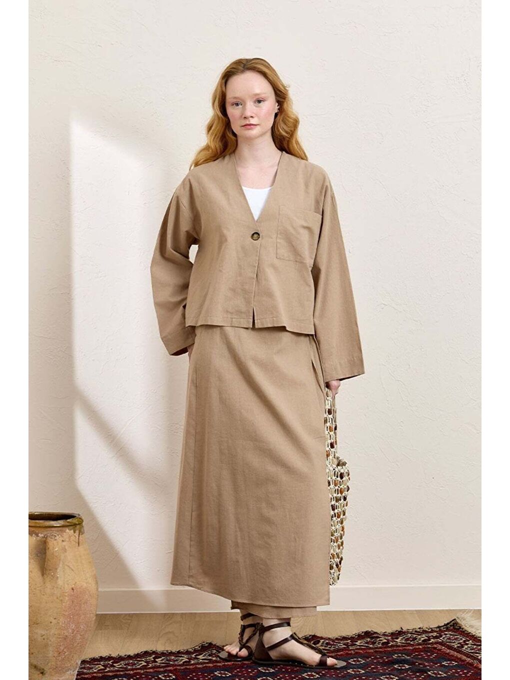 Bej Karamel Organik Keten Tek Cepli Ceket   Anvelop Etek Takım-2