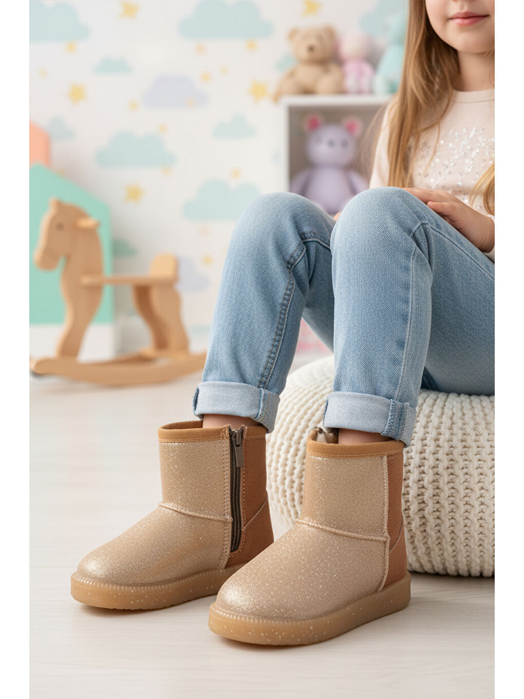 Kahverengi Taba Simli İçi Kürklü Soğuğa Dirençli Kız Çocuk Bot 1212 P-2