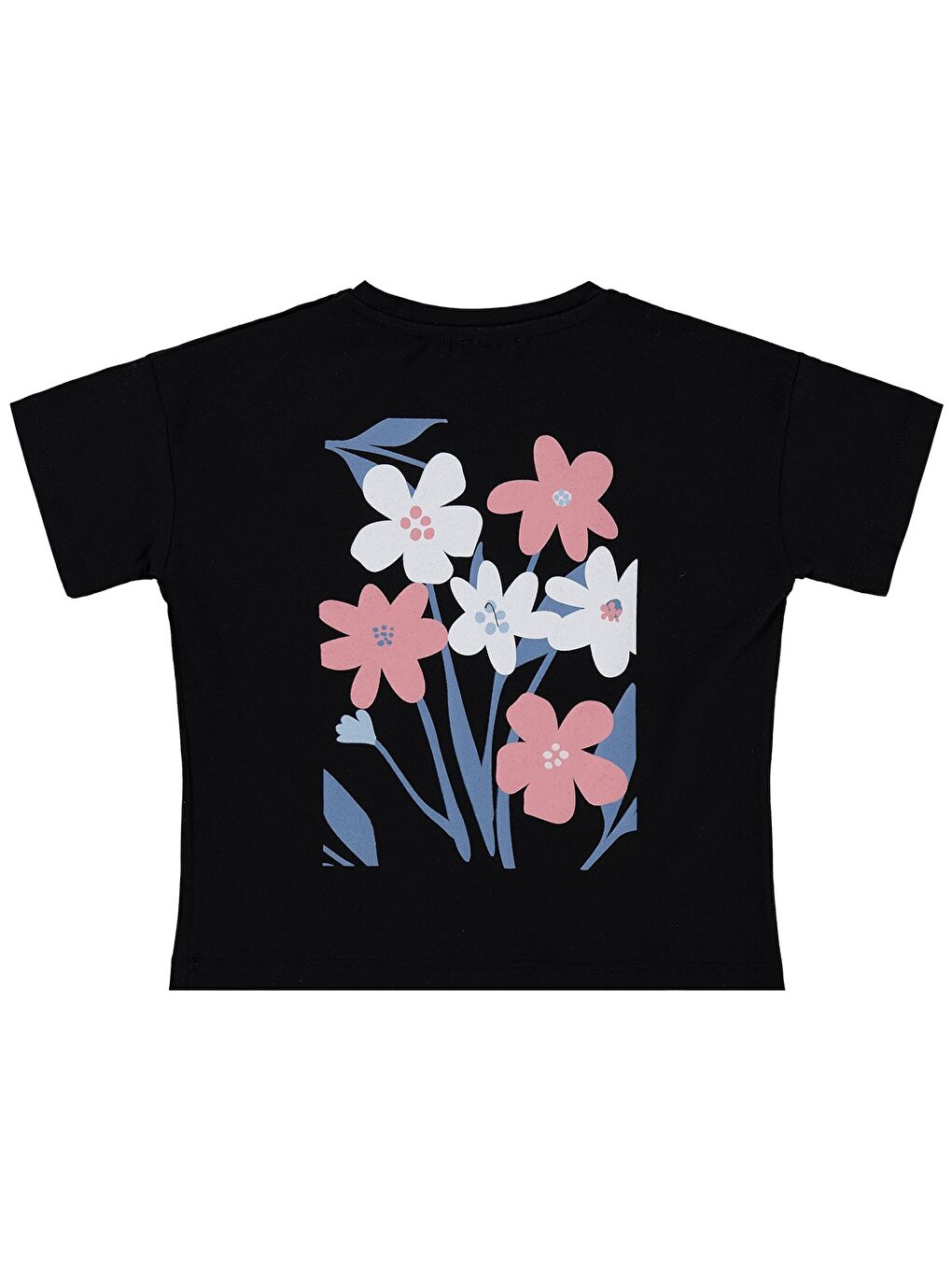 Girls Renkli Çiçek Baskılı 6-9 Yaş Tişört - Siyah-1