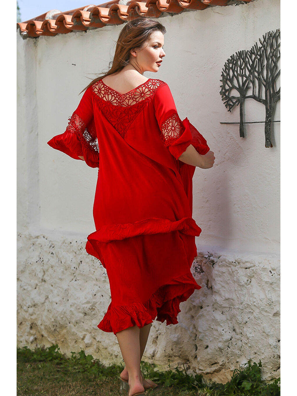 Kırmızı Kayık Yaka Dantelli Kol Astarlı Etek Ucu Fırfırlı Casual Viskon Dokuma Elbise 125 62-6