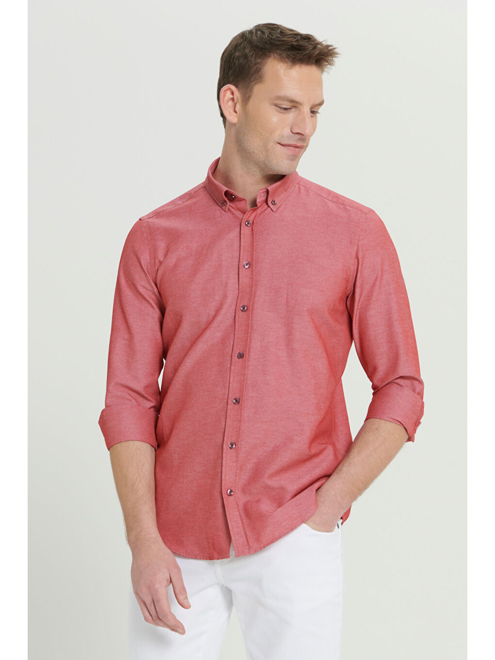 Erkek Bordo Tailored Slim Fit Dar Kesim Düğmeli Yaka Oxford Gömlek