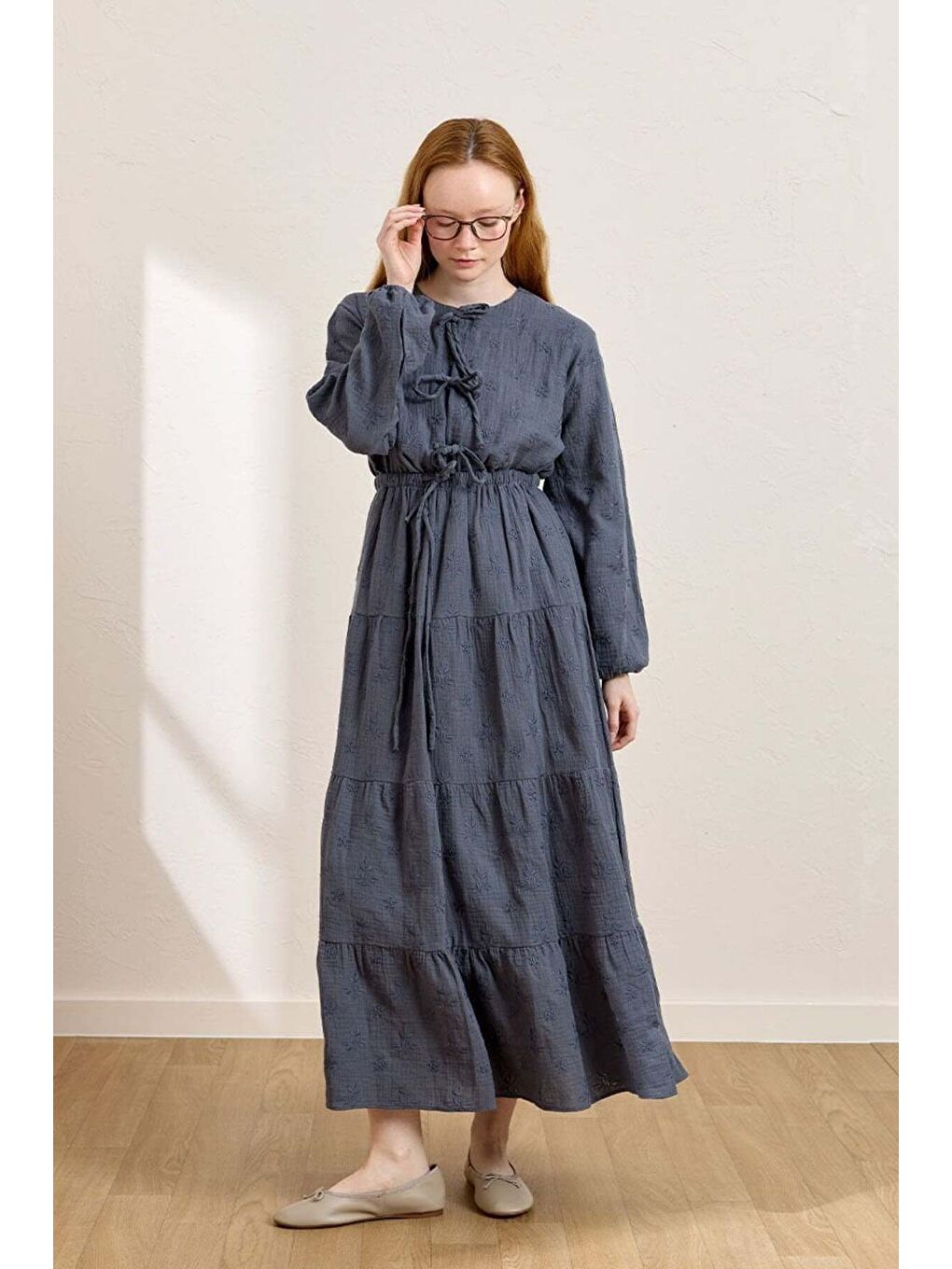 İndigo Fistolu Müslin Kat Etek   3 Fiyonklu Bluz Takım