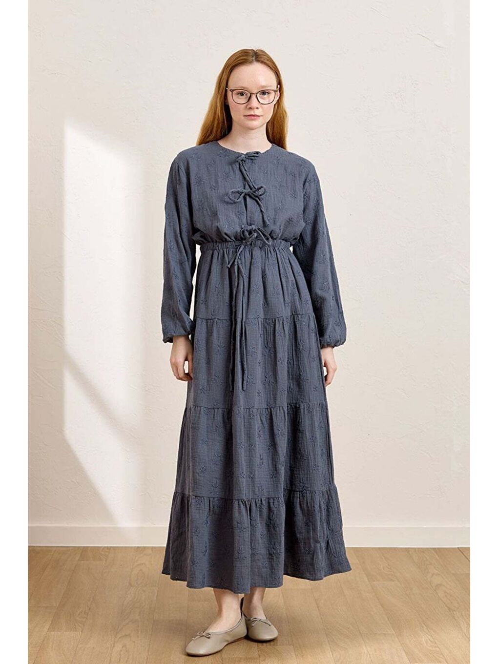 İndigo Fistolu Müslin Kat Etek   3 Fiyonklu Bluz Takım-1