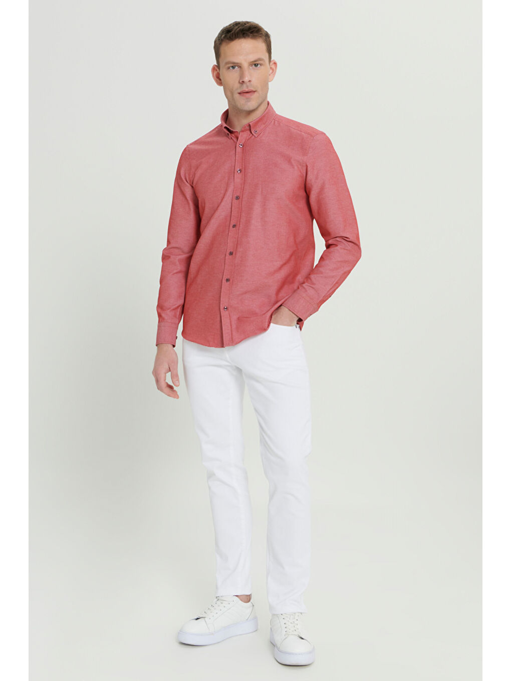 Erkek Bordo Tailored Slim Fit Dar Kesim Düğmeli Yaka Oxford Gömlek-1