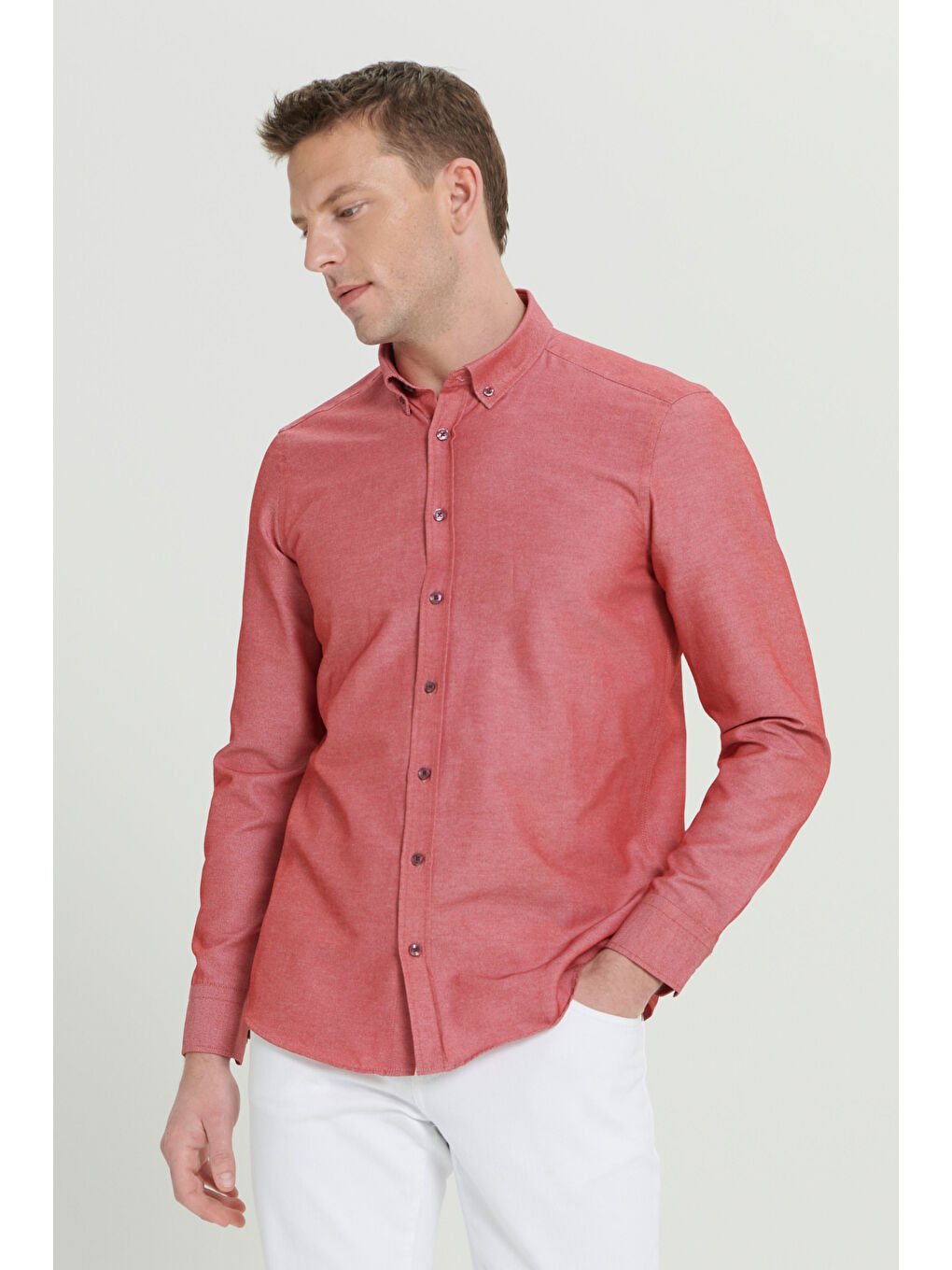 Erkek Bordo Tailored Slim Fit Dar Kesim Düğmeli Yaka Oxford Gömlek-2