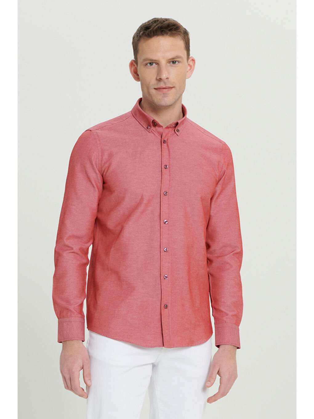 Erkek Bordo Tailored Slim Fit Dar Kesim Düğmeli Yaka Oxford Gömlek-3