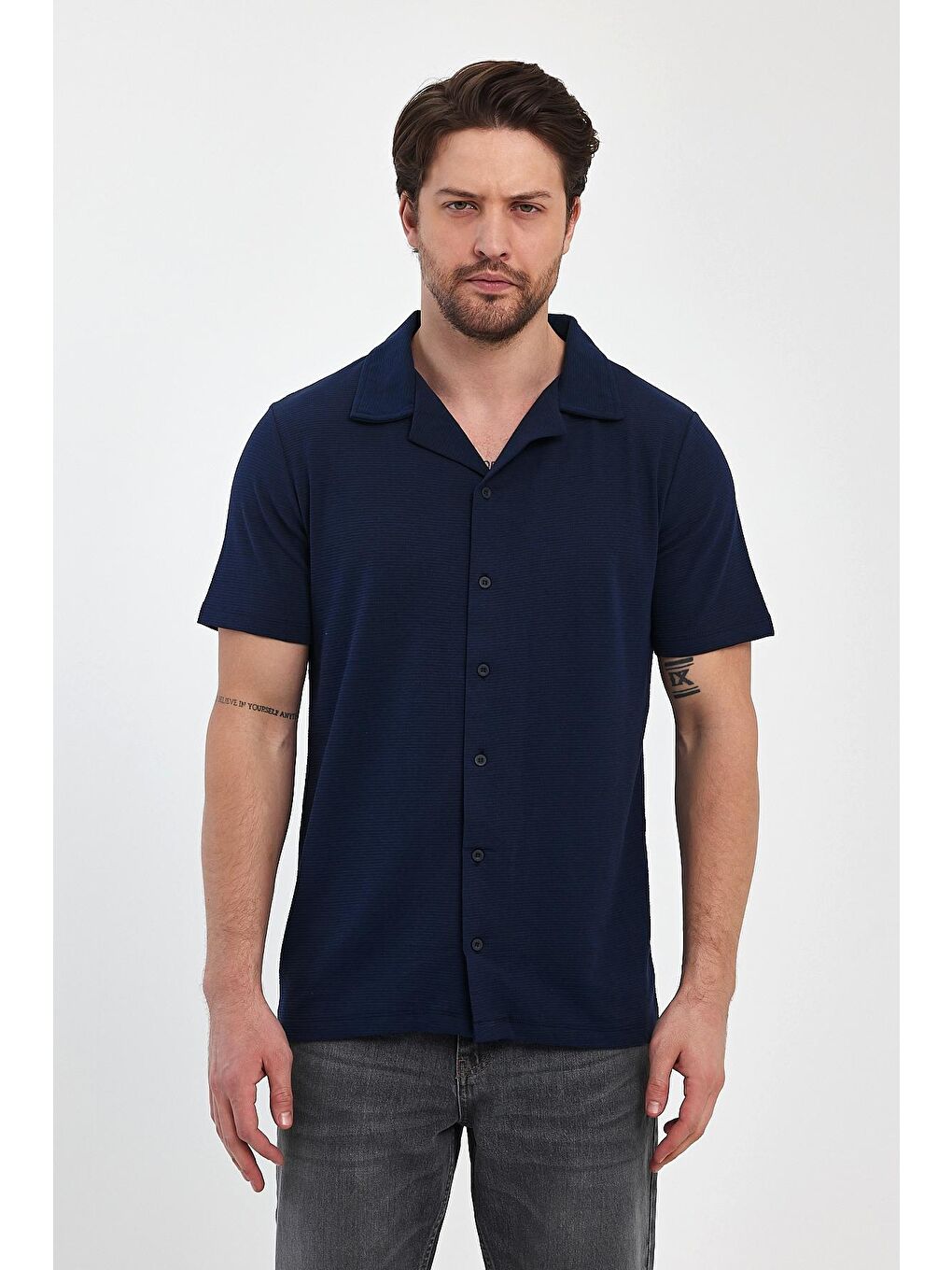İndigo Erkek Ottoman Önü Düğmeli Erkek Gömlek Tişört 2640