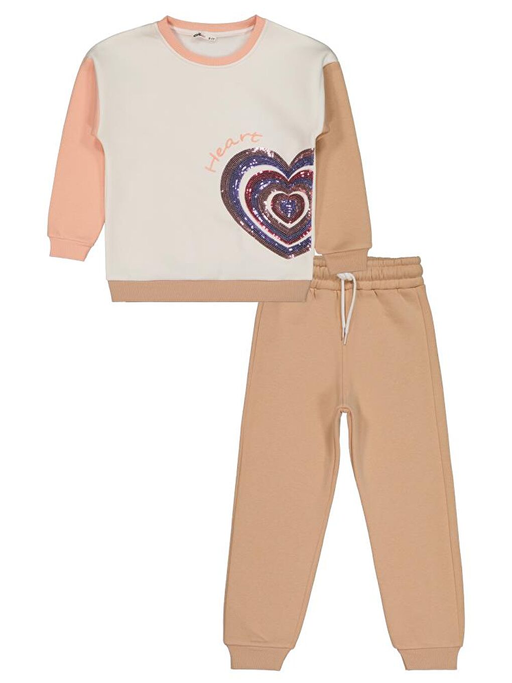Girls Kalp Baskılı 6-9 Yaş Eşofman Takımı - Bej 8-9 Yaş