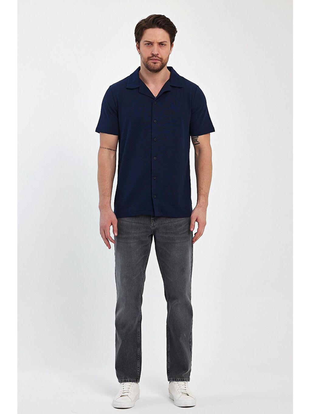 İndigo Erkek Ottoman Önü Düğmeli Erkek Gömlek Tişört 2640-1