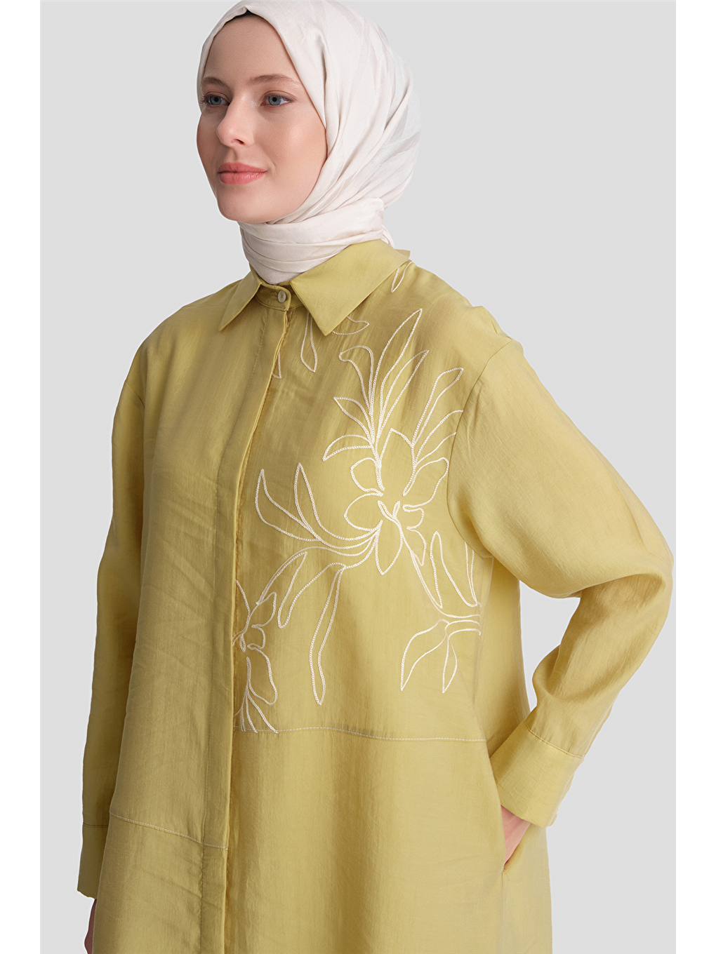 Nakış Detaylı Tunik Elbise Yağ Yeşili-3