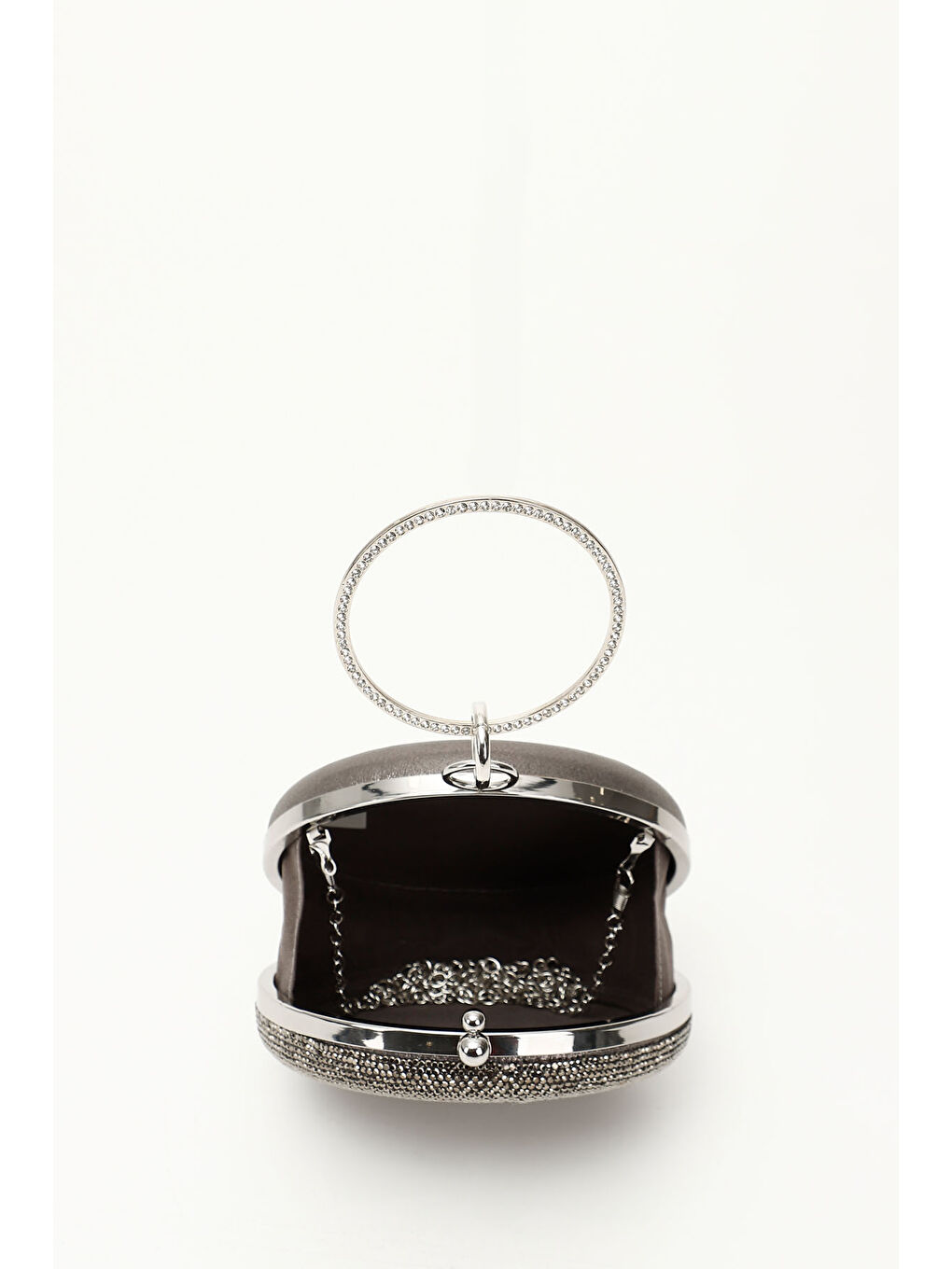 Gri Kadın GÜMÜŞ Taşlı Uzun Zincirli El Ve Omuz Askılı Abiye Çanta-3