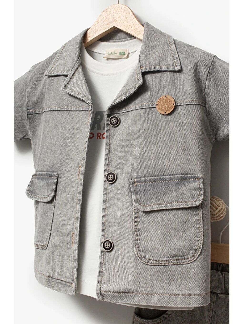 Gri Jean Gömlek Jean Şort ve T-shirt 3lü Erkek Çocuk Takım-1