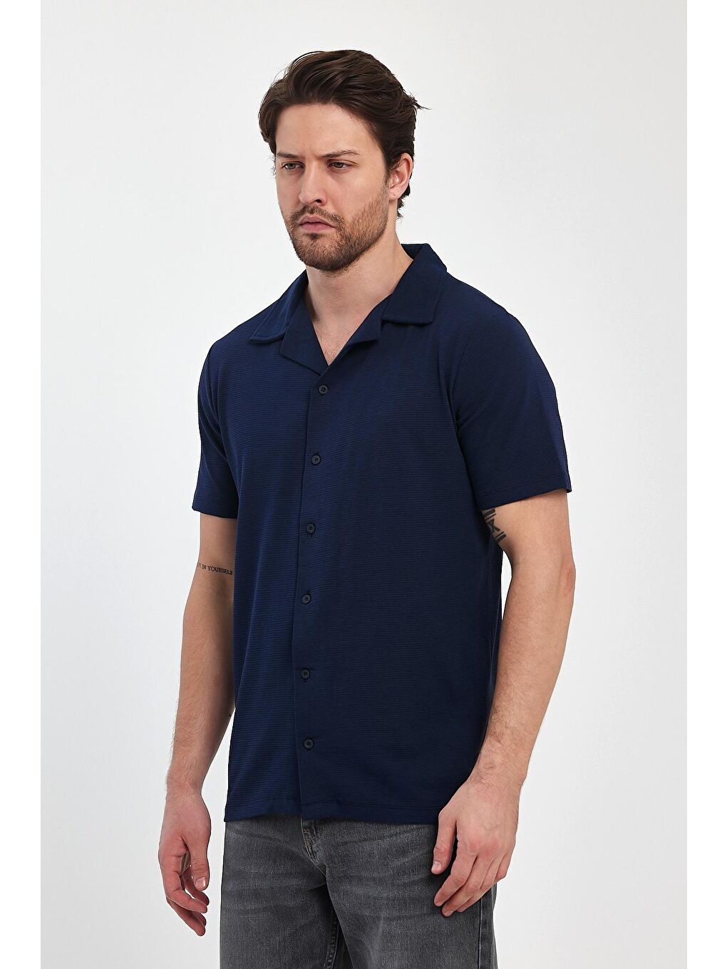 İndigo Erkek Ottoman Önü Düğmeli Erkek Gömlek Tişört 2640-4